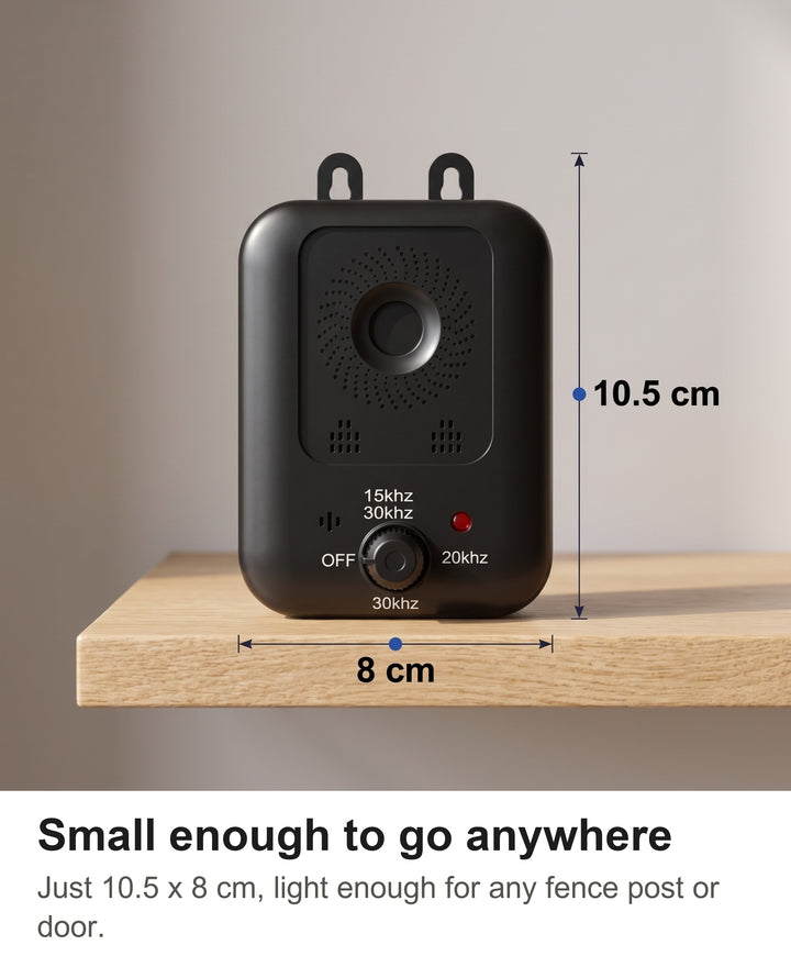 Black anti bark device with its size marked: 10.5 cm tall and 8 cm wide