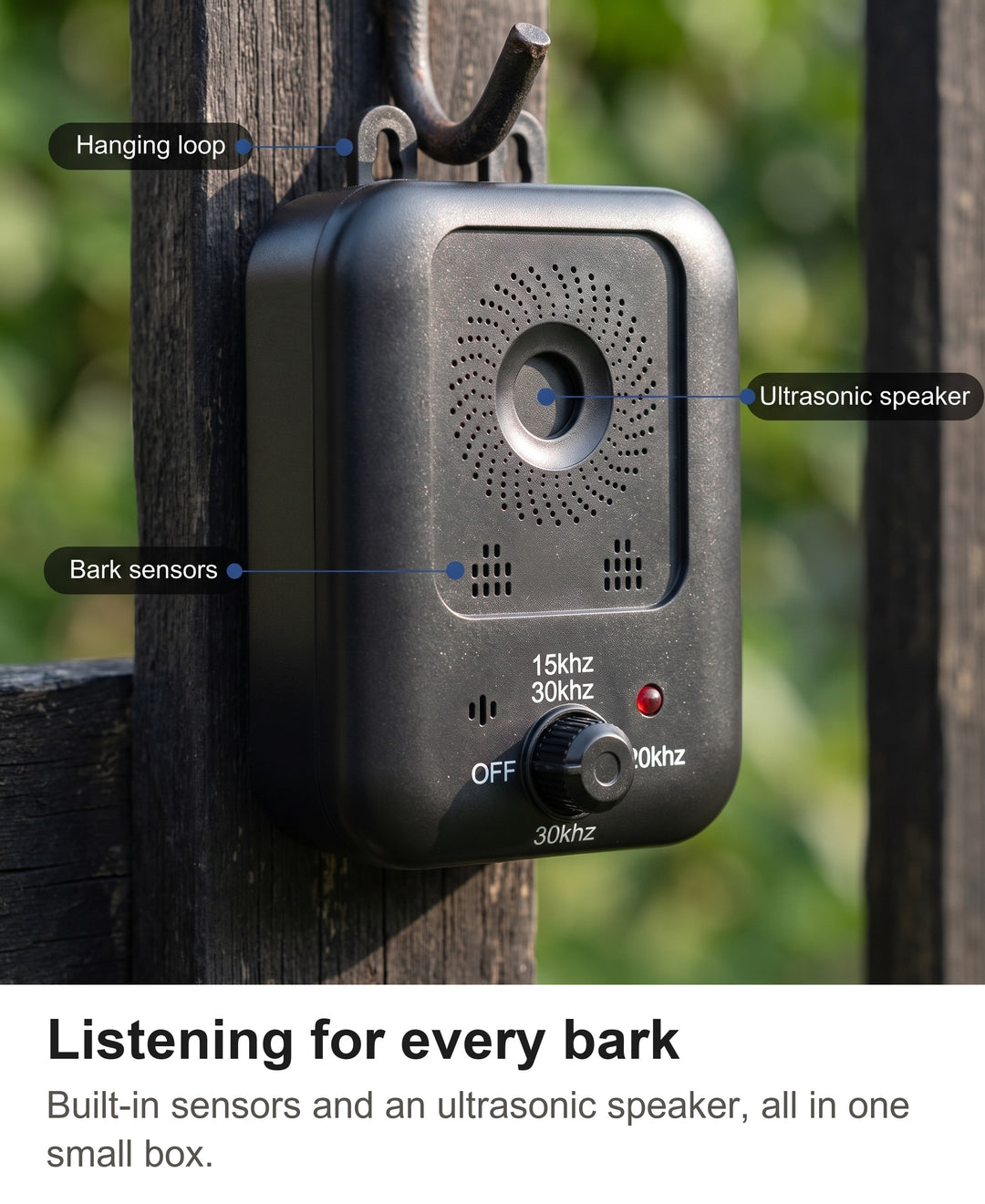 Close-up of the anti bark device speaker, bark sensor holes and hanging loops