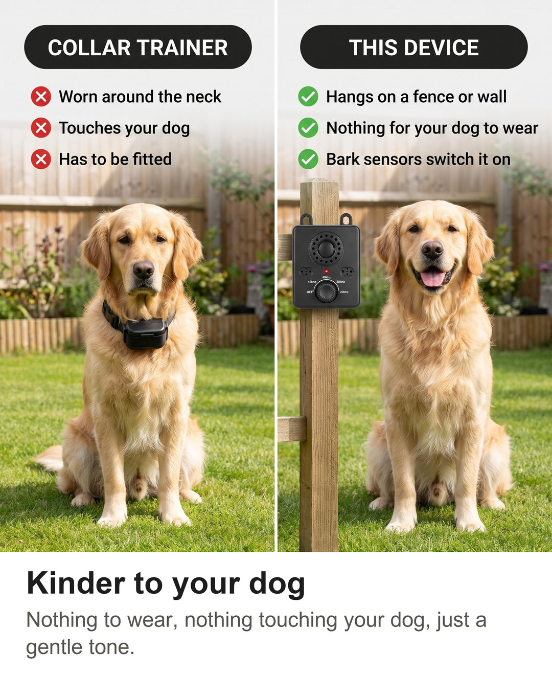Comparison of a dog wearing a bark collar with the anti bark device hanging on a fence