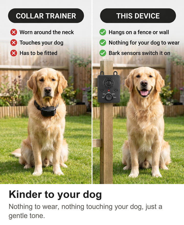 Comparison of a dog wearing a bark collar with the anti bark device hanging on a fence