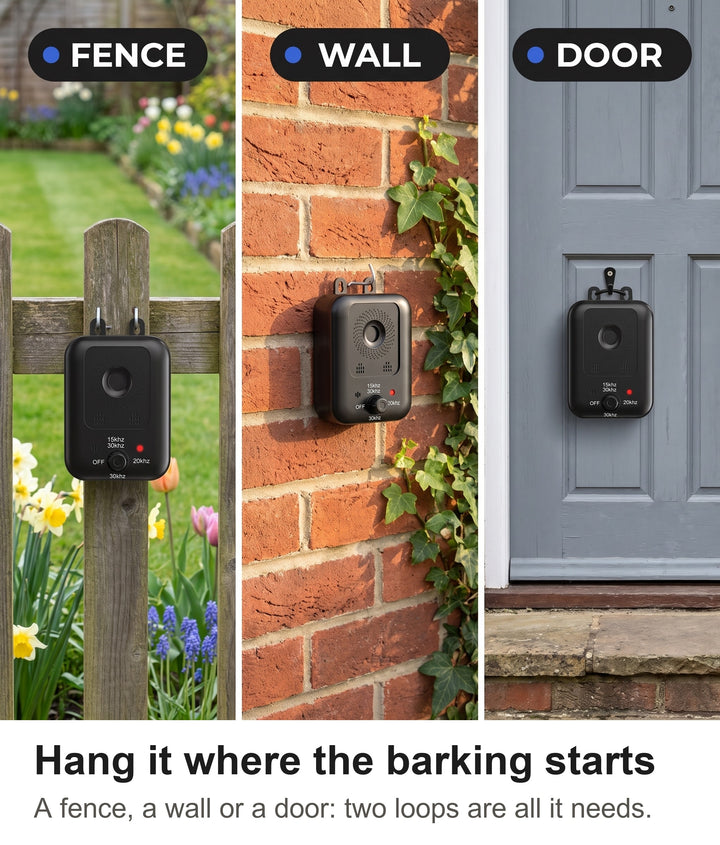 Anti bark device hanging on a garden fence, a brick wall and a back door