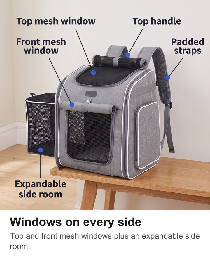 Pet carrier backpack with top window, front window, expandable side room, straps and handle labelled