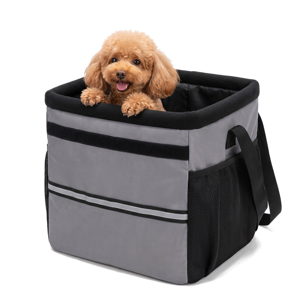 Toy poodle in the grey dog bike basket bag with reflective stripe