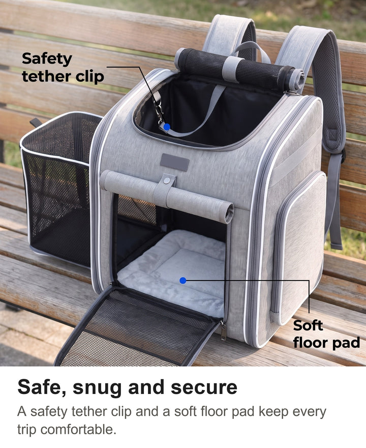 Inside the pet carrier backpack: safety tether clip and soft floor pad