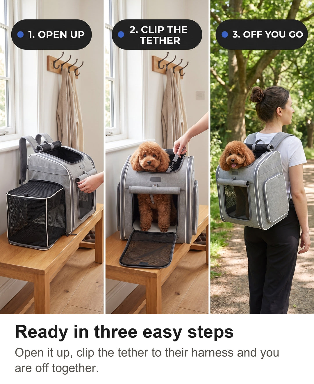 Three steps with the pet carrier backpack: open the side, clip the safety tether, carry it on your back