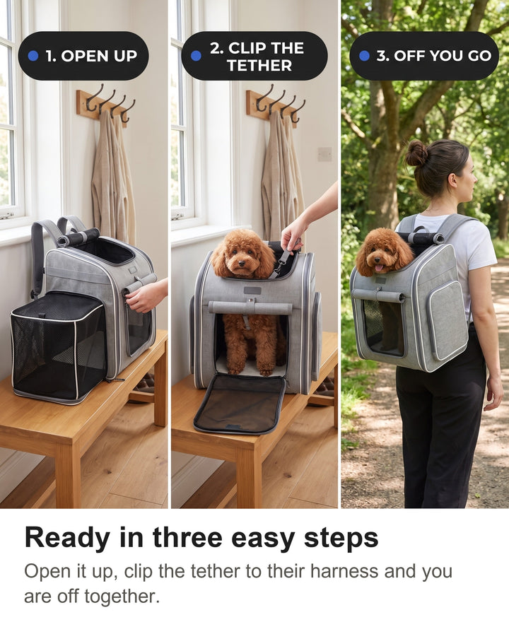 Three steps with the pet carrier backpack: open the side, clip the safety tether, carry it on your back