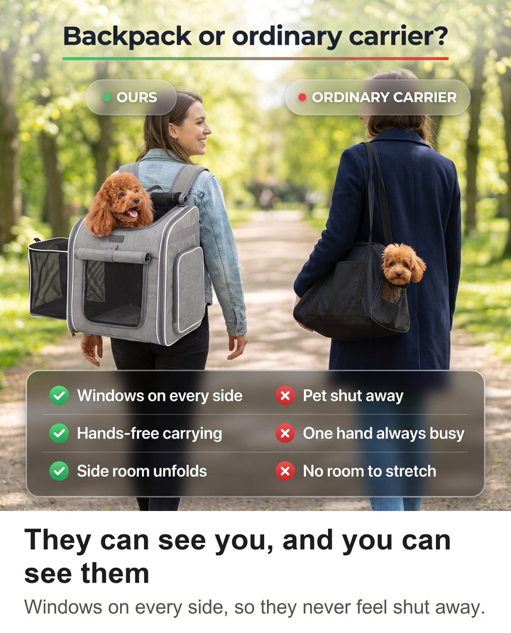 Comparison of the grey carrier backpack worn by a woman with an ordinary black shoulder carrier on a park path: windows on every side, hands-free, side room unfolds