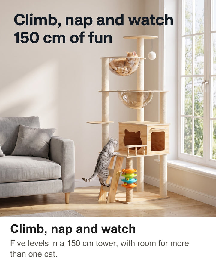 Two cats climbing and napping on the 150 cm cat tree tower in a bright living room