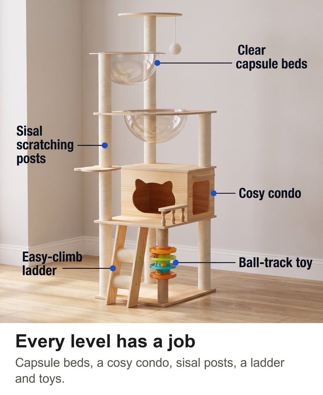 Cat tree tower with clear capsule beds, condo, sisal posts, ball-track toy and ladder labelled