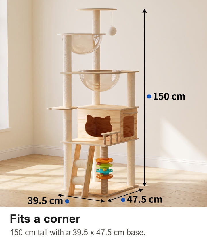 Cat tree size: 150 cm tall with a 39.5 x 47.5 cm base