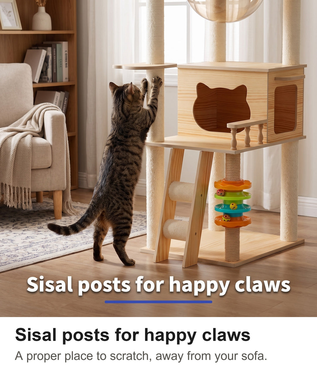 Tabby cat scratching the sisal post of the cat tree
