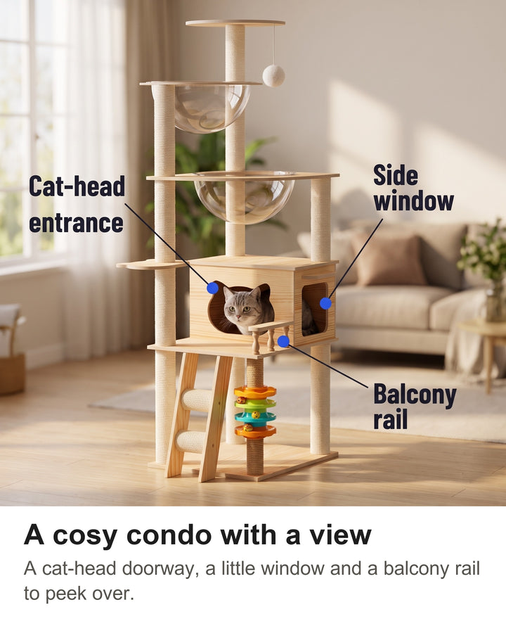 Close-up of the cat tree condo with cat-head entrance, side window and balcony rail