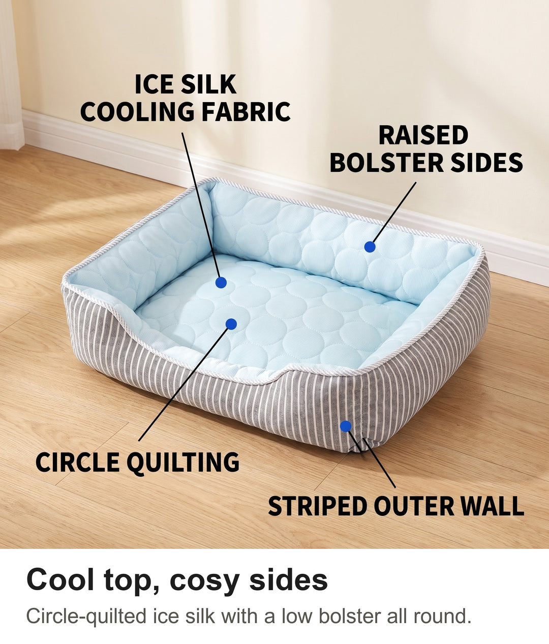 Cooling dog bed with ice silk fabric, raised bolster sides, circle quilting and striped wall labelled