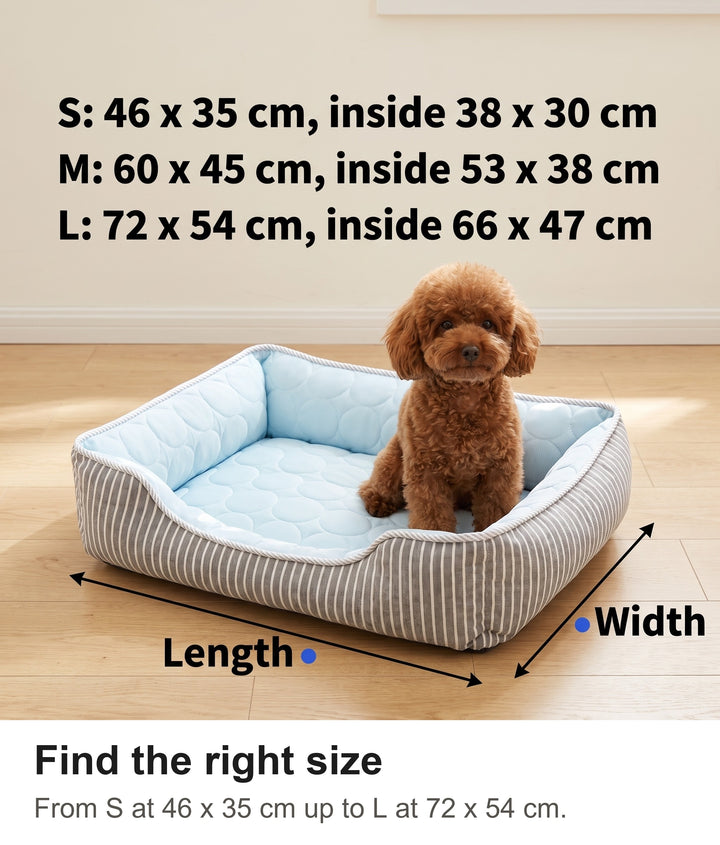 Cooling dog bed size guide: S, M and L with outer and inner sizes
