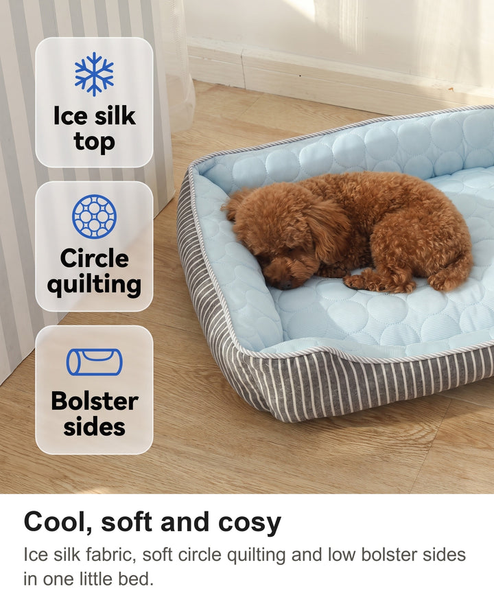 Cooling dog bed with chips: ice silk top, circle quilting, bolster sides