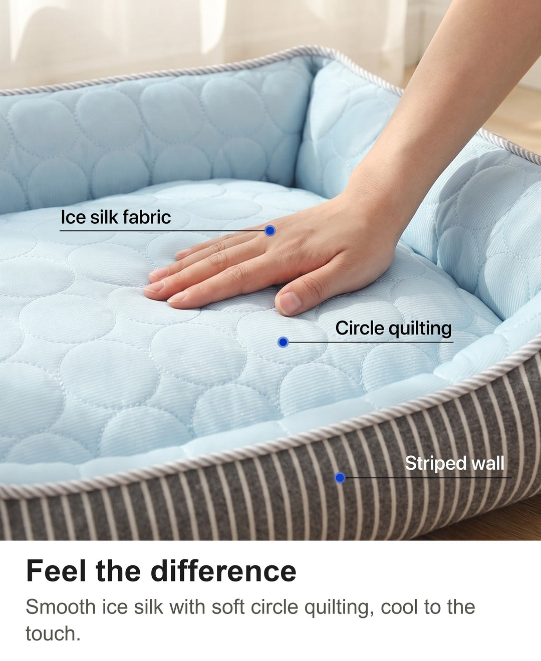 Hand resting on the cool ice silk quilted top of the cooling dog bed