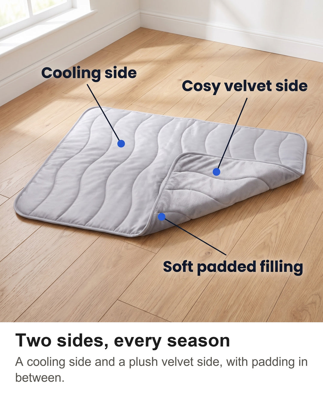 Reversible pet mat with a cooling side and a plush velvet side labelled