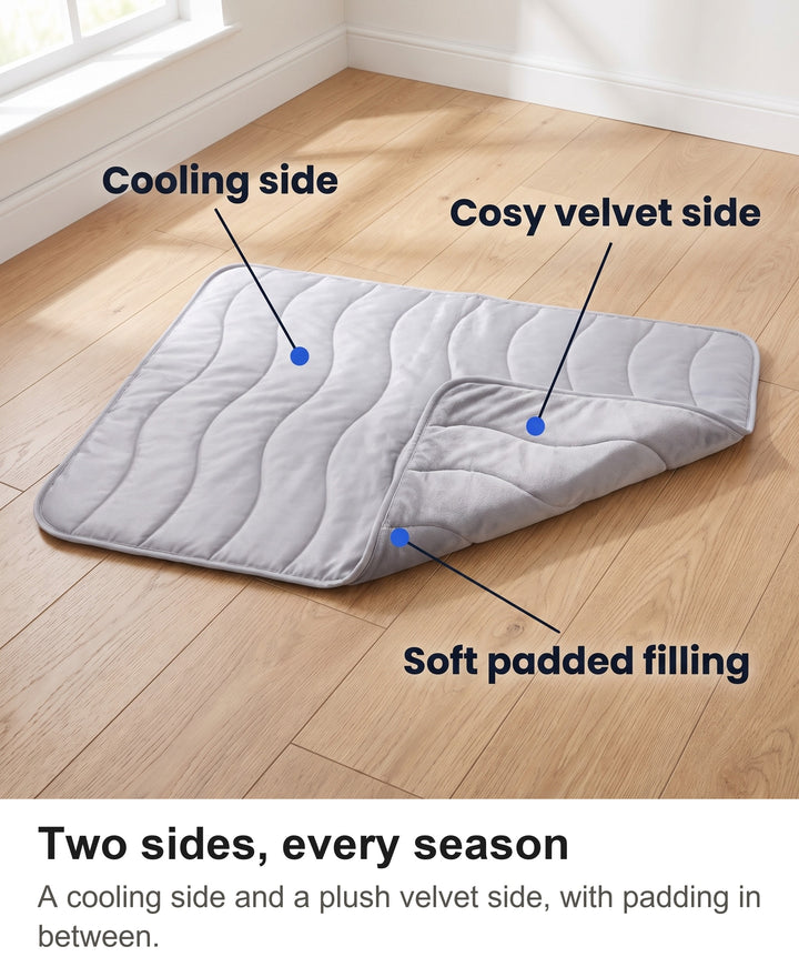 Reversible pet mat with a cooling side and a plush velvet side labelled
