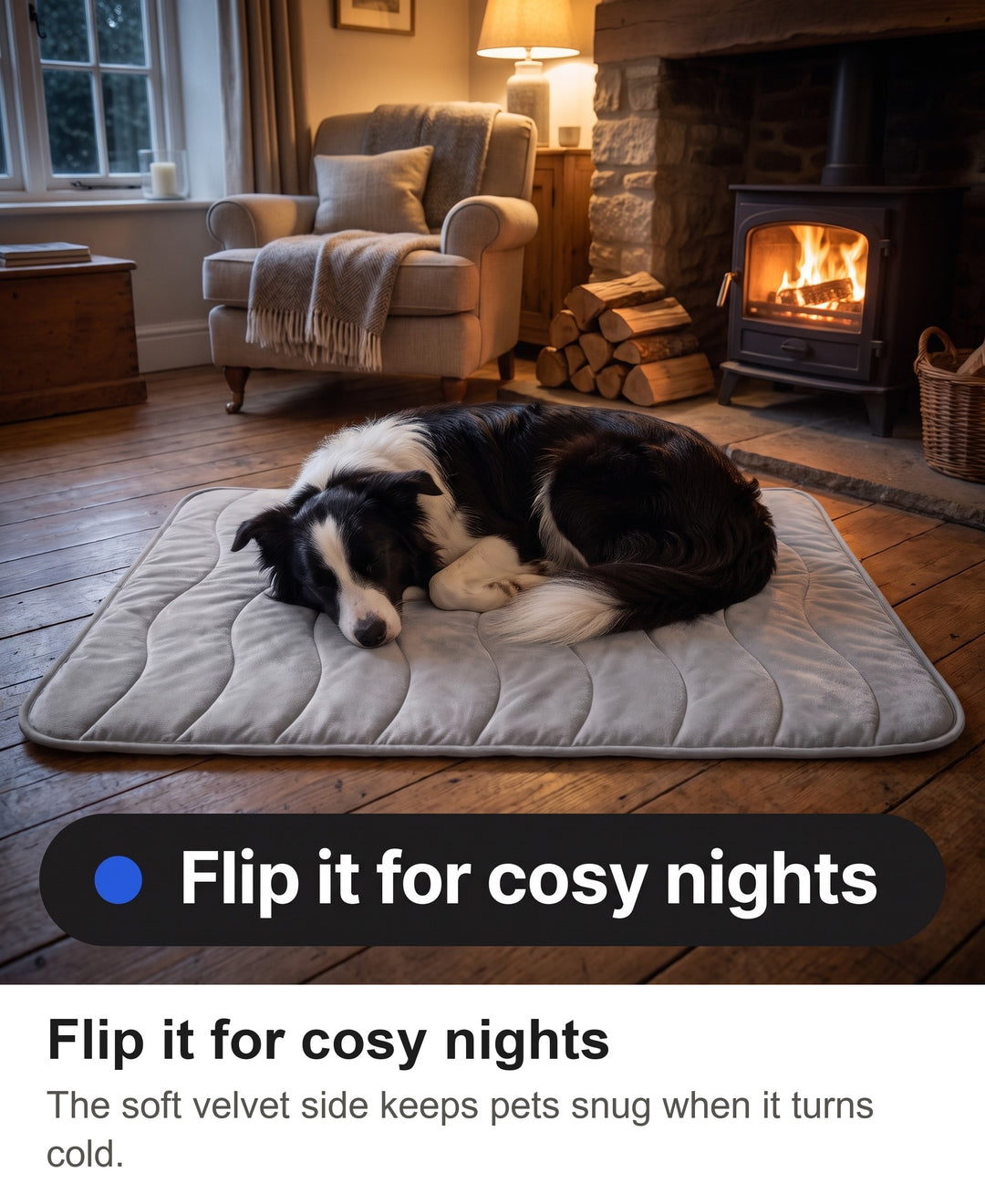 Border Collie asleep on the velvet side of the reversible pet mat by a wood burner