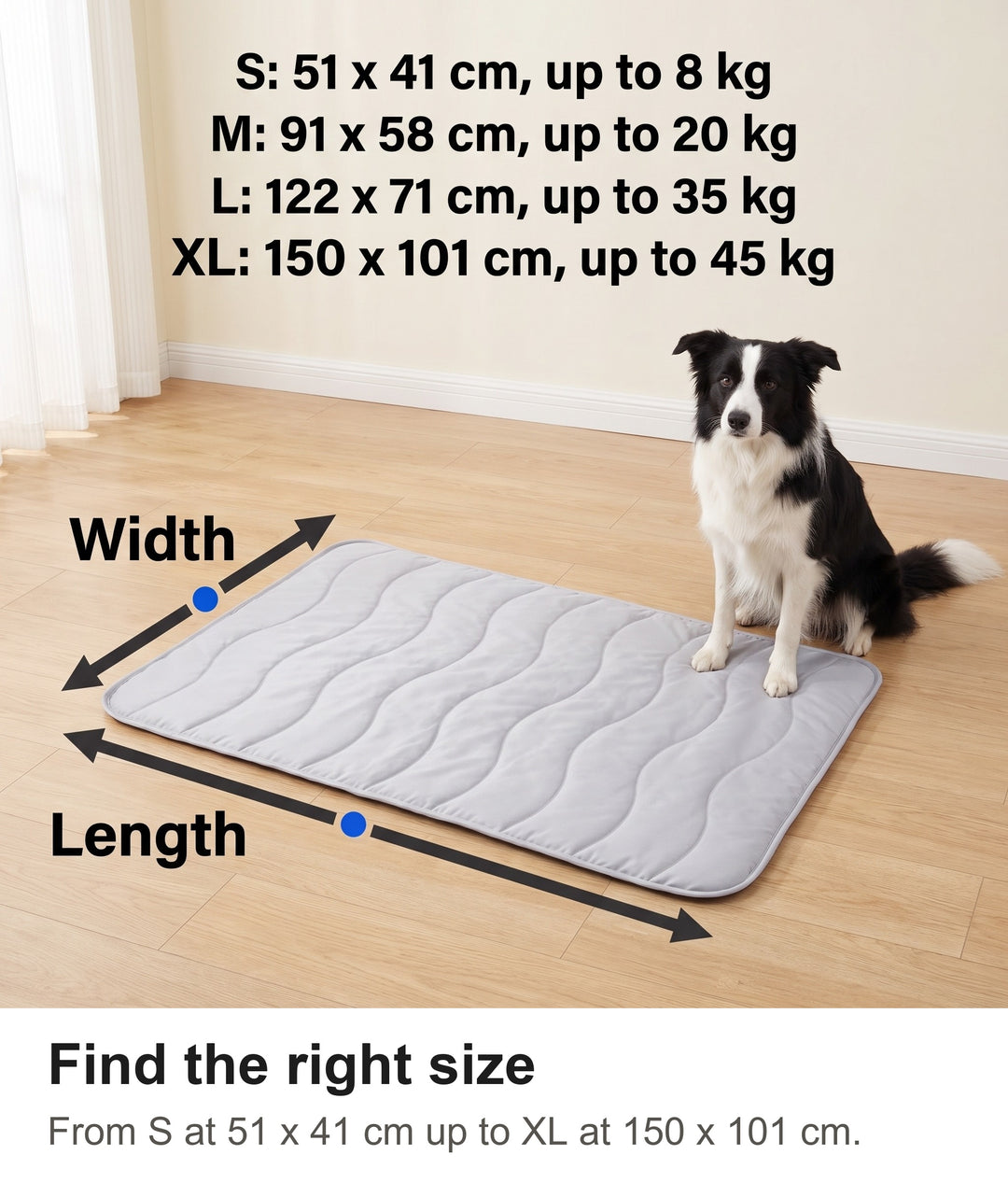 Dog cooling mat size guide: S, M, L and XL with mat size and pet weight