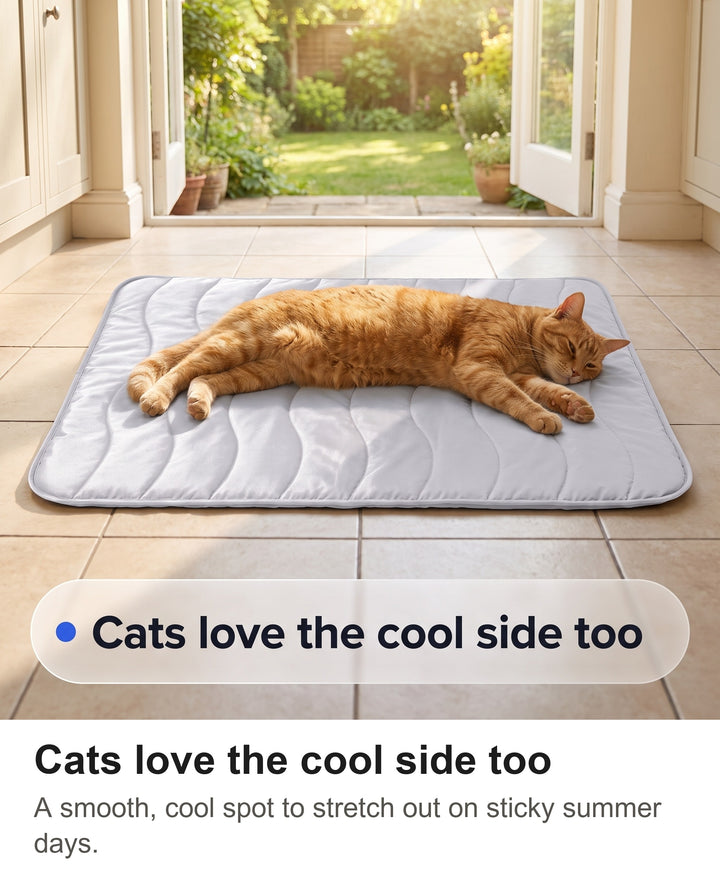 Ginger cat stretched out on the ash grey cooling mat on a summer day