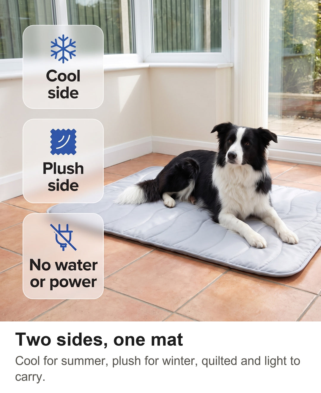 Reversible pet mat with chips: cooling side, plush velvet side, no water or electricity