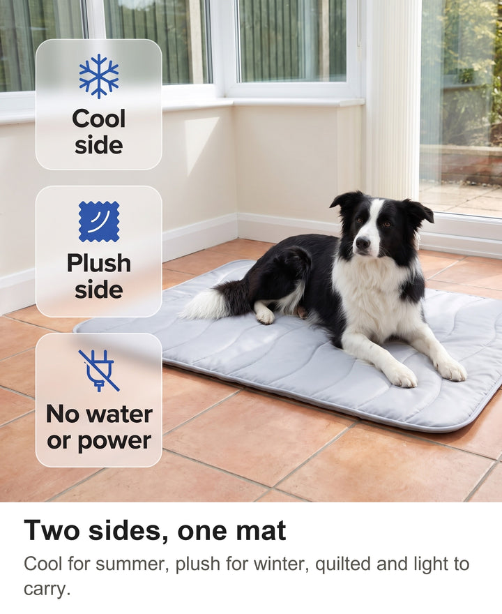 Reversible pet mat with chips: cooling side, plush velvet side, no water or electricity