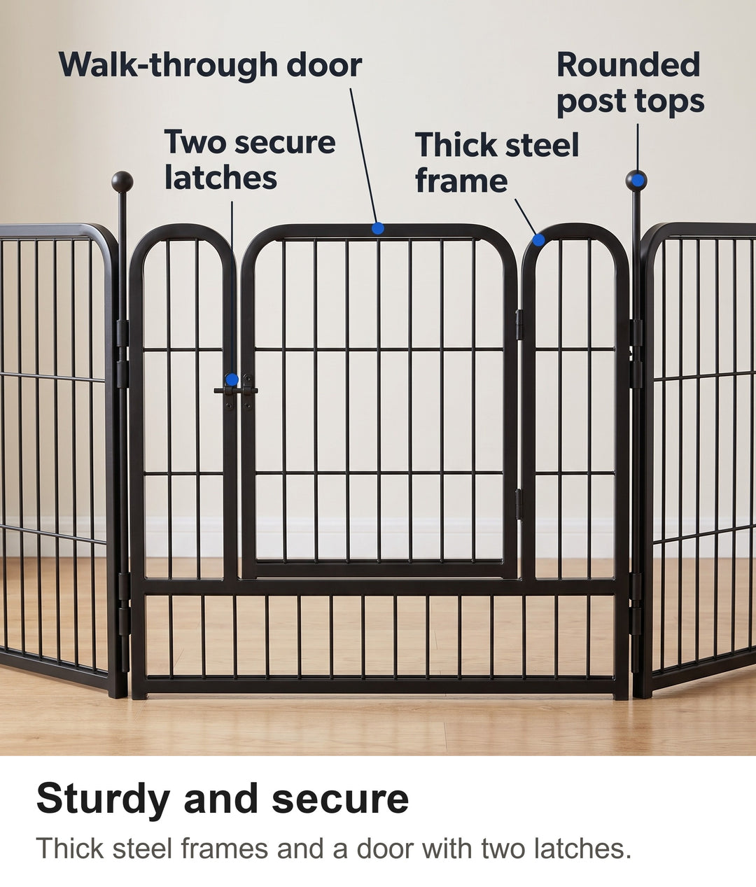 Metal puppy playpen door with two latches, steel frame and rounded post tops labelled