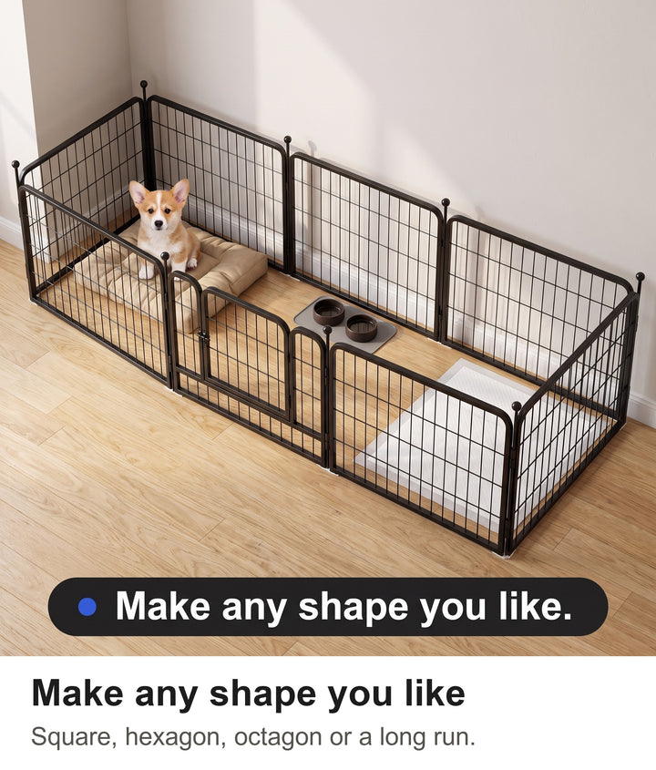 Metal dog pen set out as a long rectangle with a bed, bowls and puppy pad