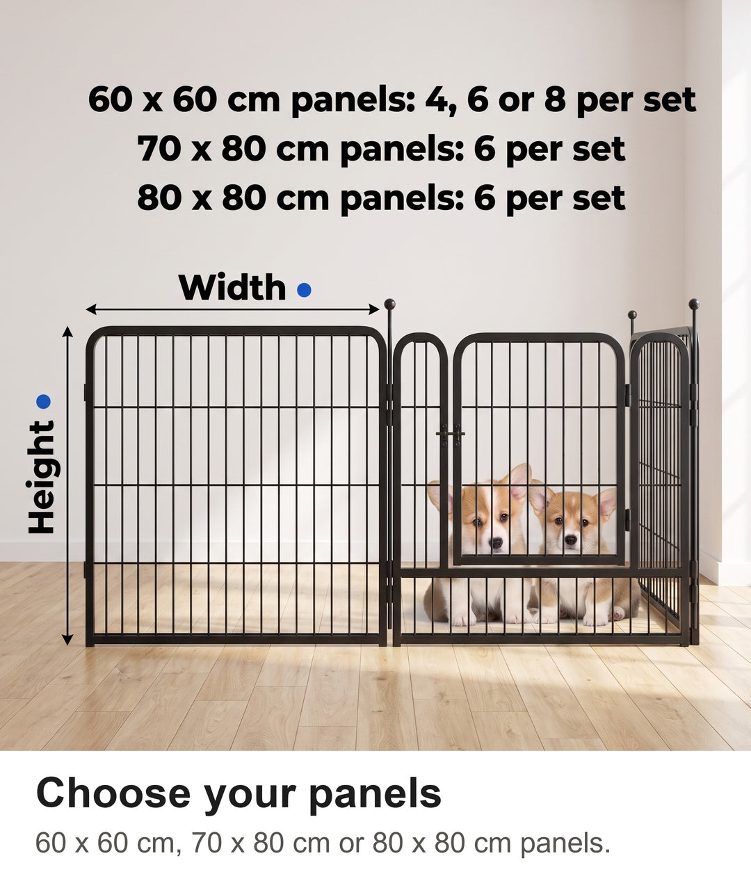 Dog playpen panel sizes: 60 x 60 cm, 70 x 80 cm and 80 x 80 cm