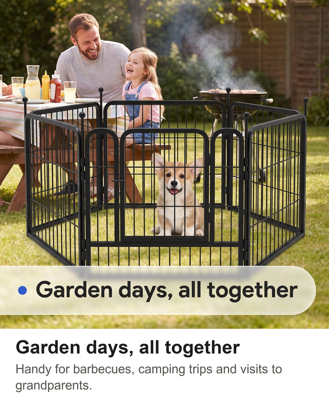 Family barbecue in a garden with a puppy safe inside the black playpen on the lawn