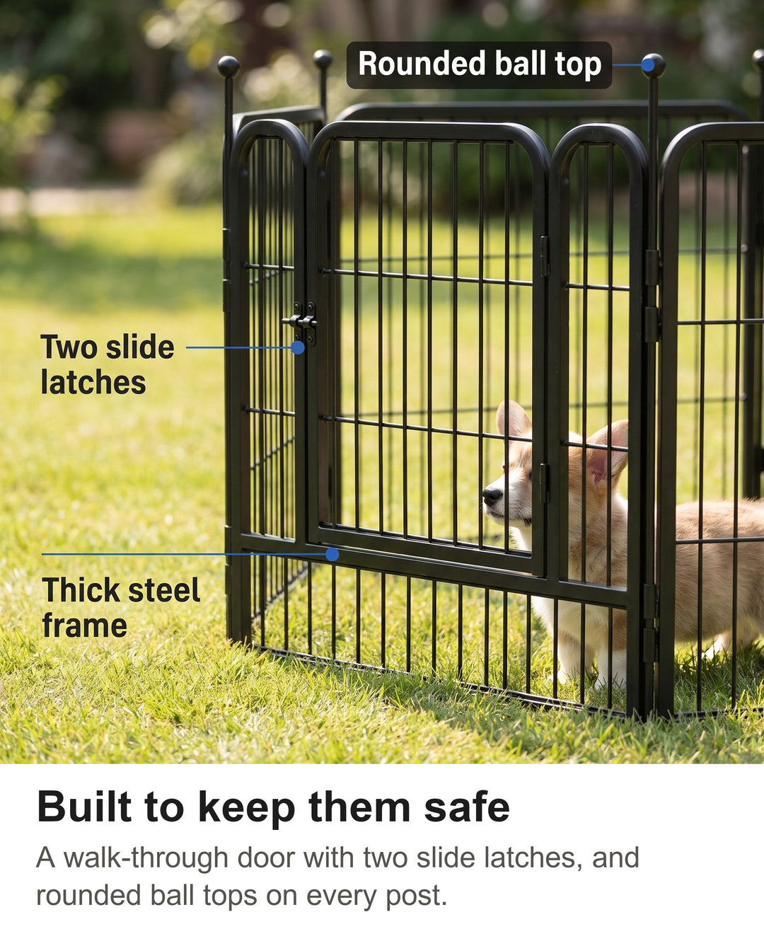 Close-up of the playpen door slide latches and rounded ball tops on the posts