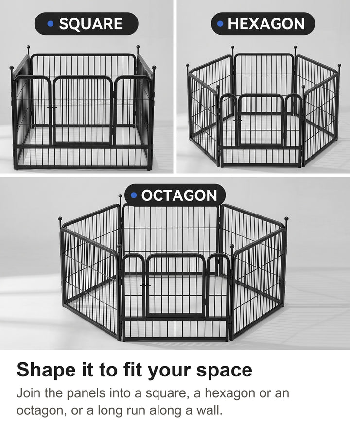 Black metal dog playpen set out as a square, a hexagon and an octagon