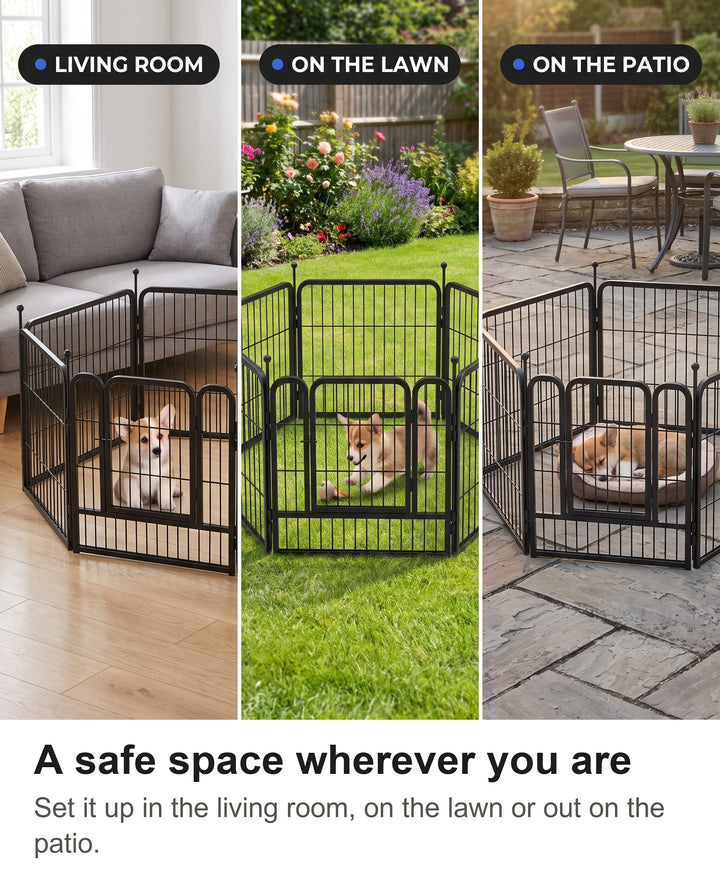 Black metal dog playpen in a living room, on a garden lawn and on a patio