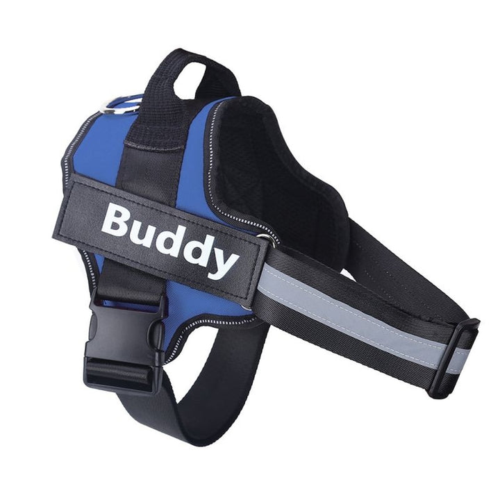 Blue no pull dog harness with handle and reflective straps