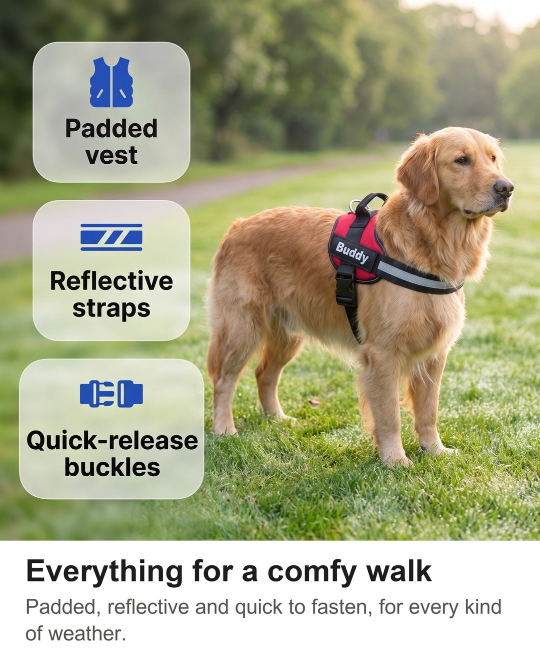Dog harness with chips: padded vest, reflective straps, quick-release buckles