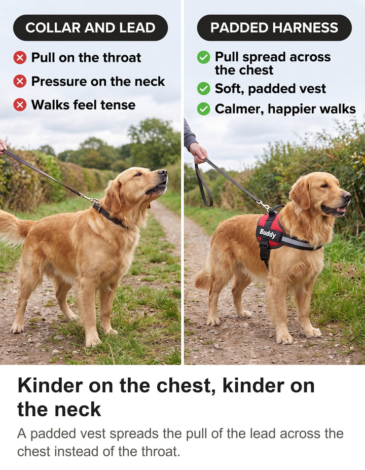Comparison of a dog pulling on a collar with a dog walking in the padded no pull harness