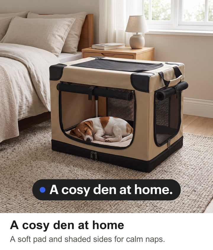 Jack Russell puppy asleep in the soft dog crate beside a bed