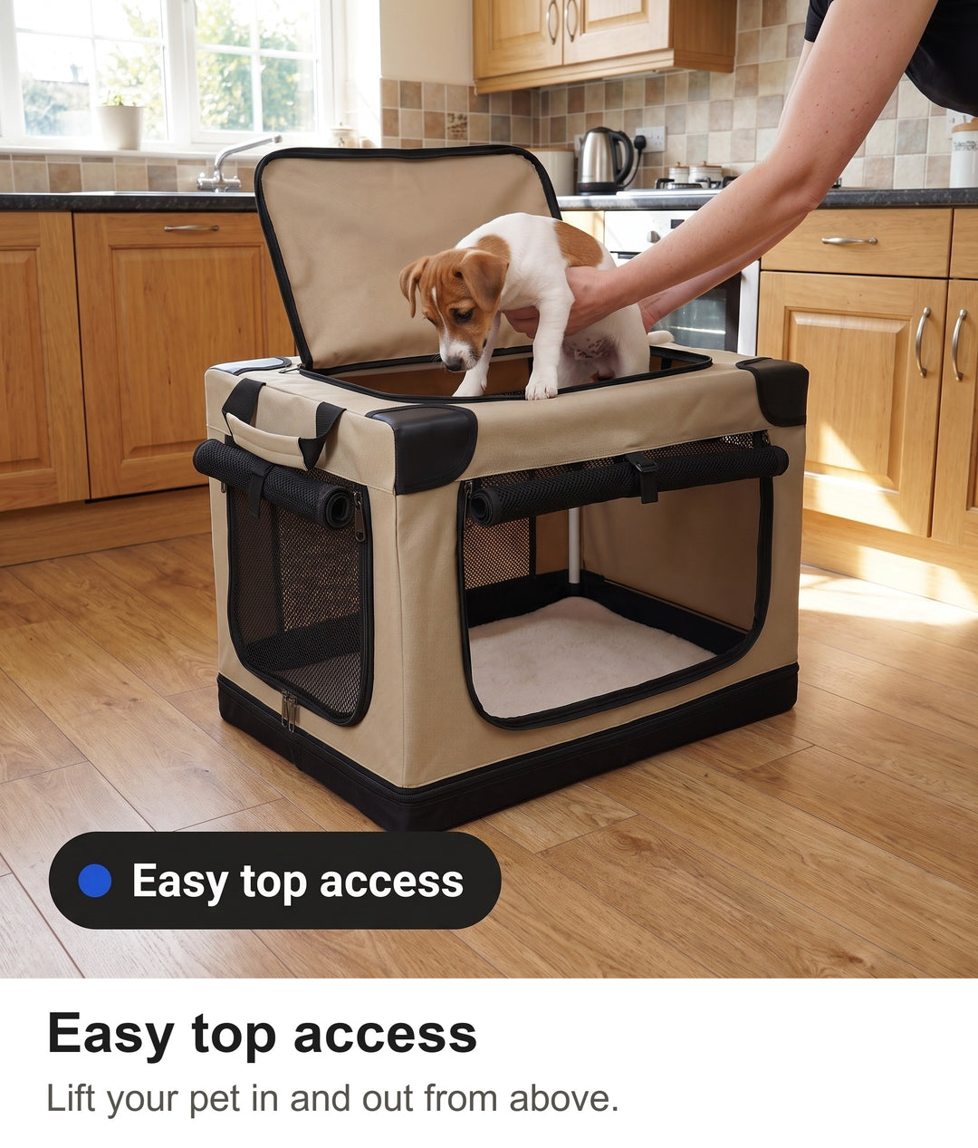 Hands lowering a puppy into the soft dog crate through the top opening