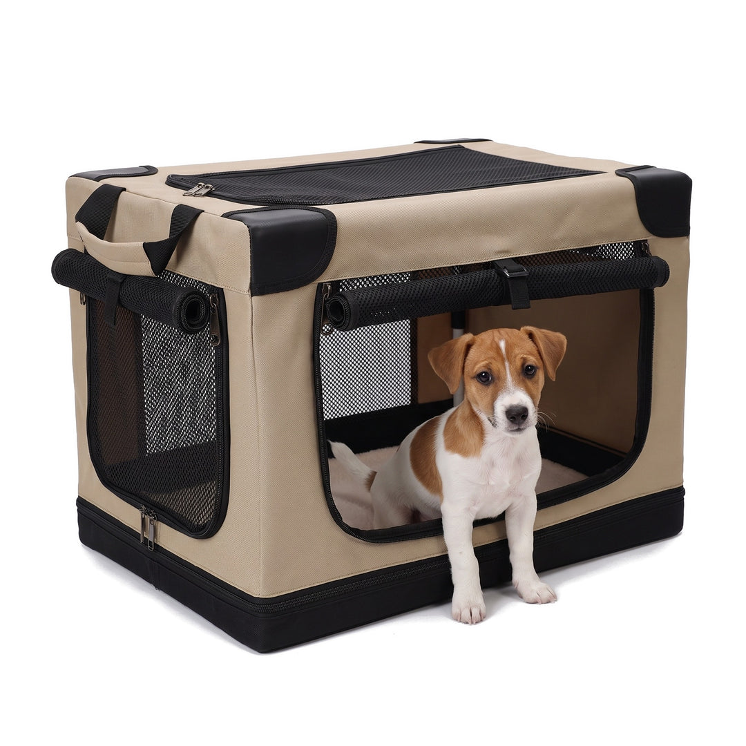 Jack Russell puppy sitting in the khaki foldable soft dog crate