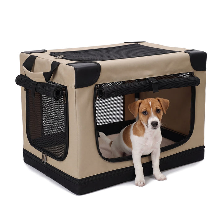 Jack Russell puppy sitting in the khaki foldable soft dog crate