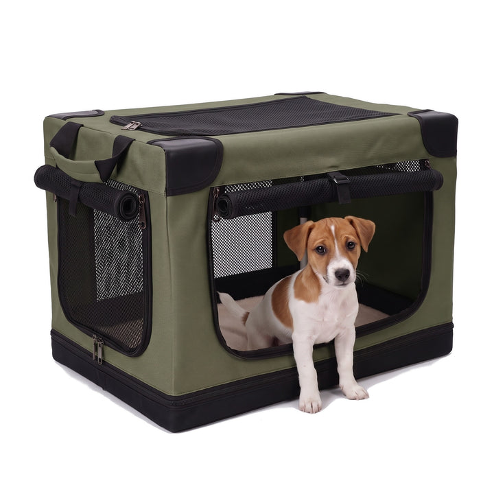 Jack Russell puppy sitting in the army green foldable soft dog crate