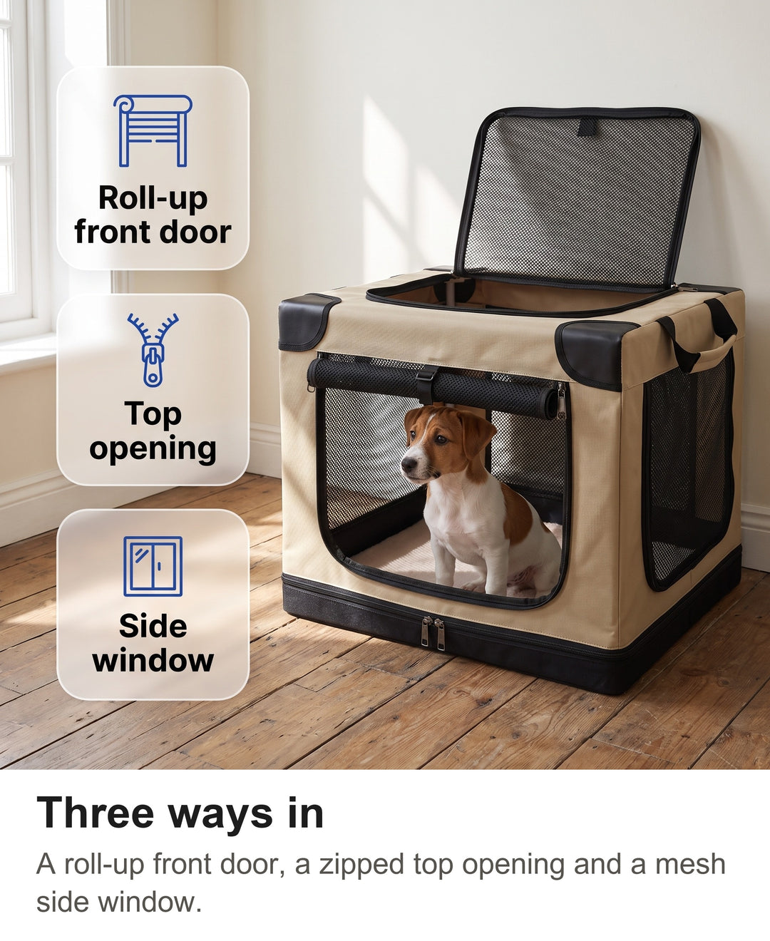 Soft dog crate with chips: roll-up front door, top opening, side window