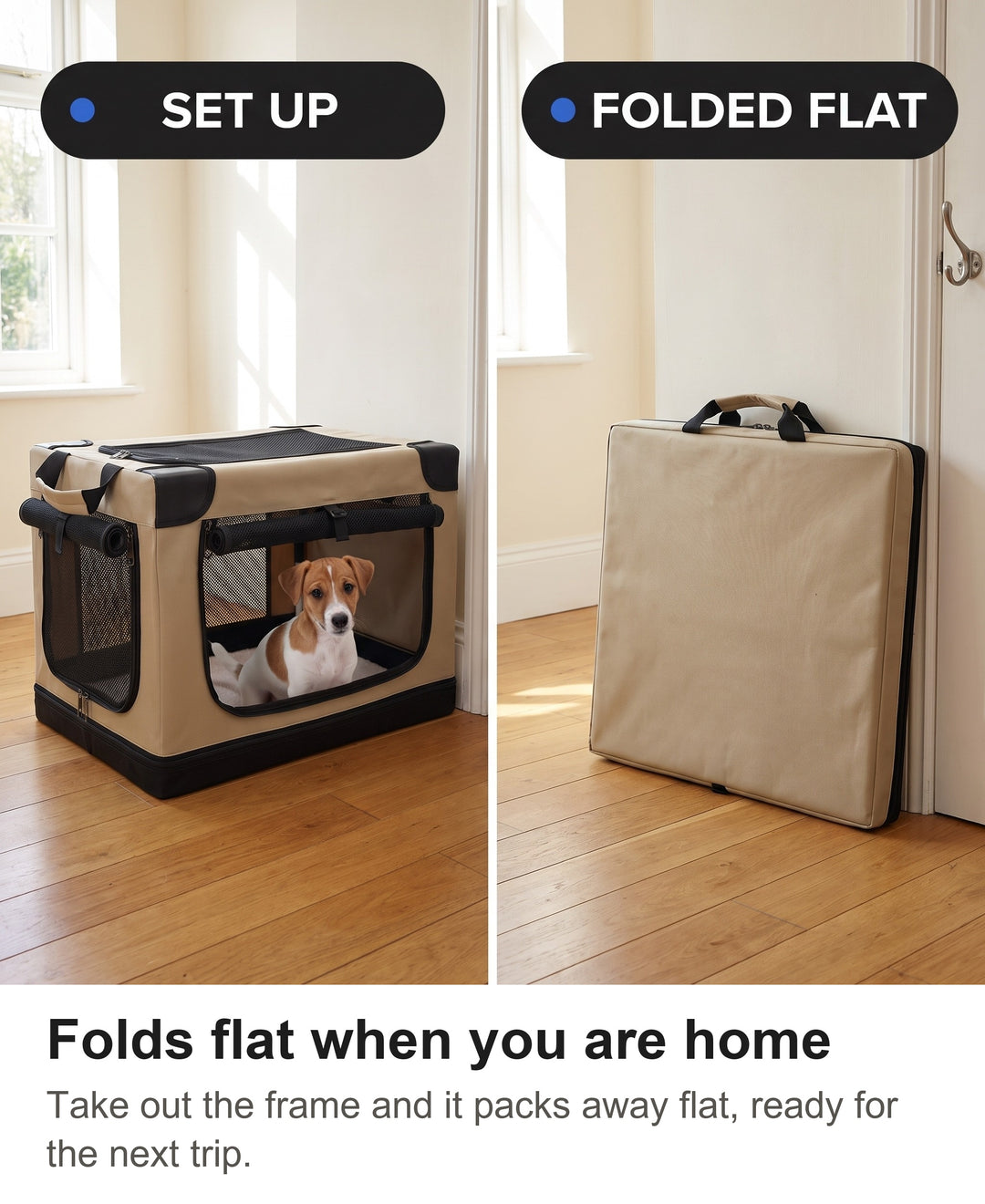 Soft dog crate set up and then folded flat and leaning against a wall