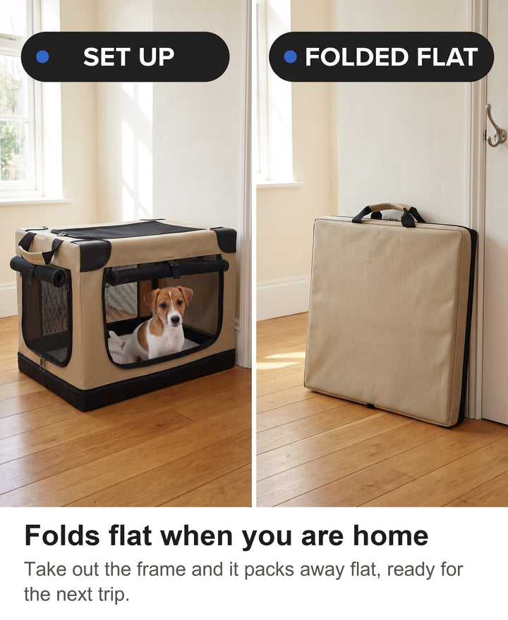 Soft dog crate set up and then folded flat and leaning against a wall