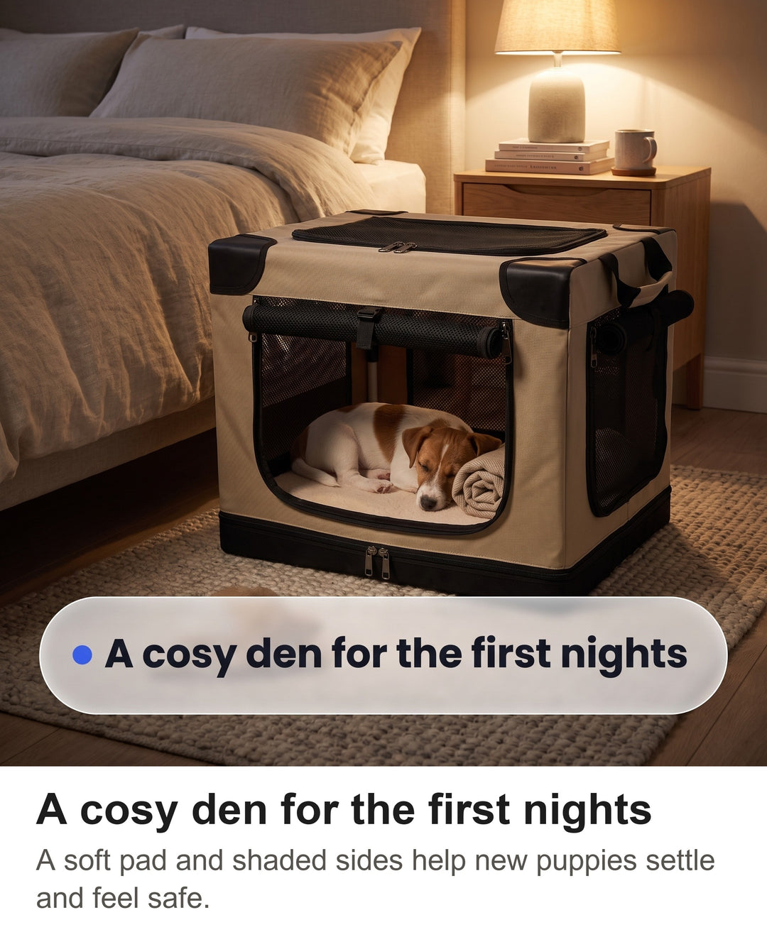 Jack Russell puppy asleep in the soft dog crate beside a bed at night