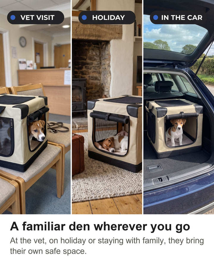 Soft dog crate in a vet waiting room, a holiday cottage and a car boot