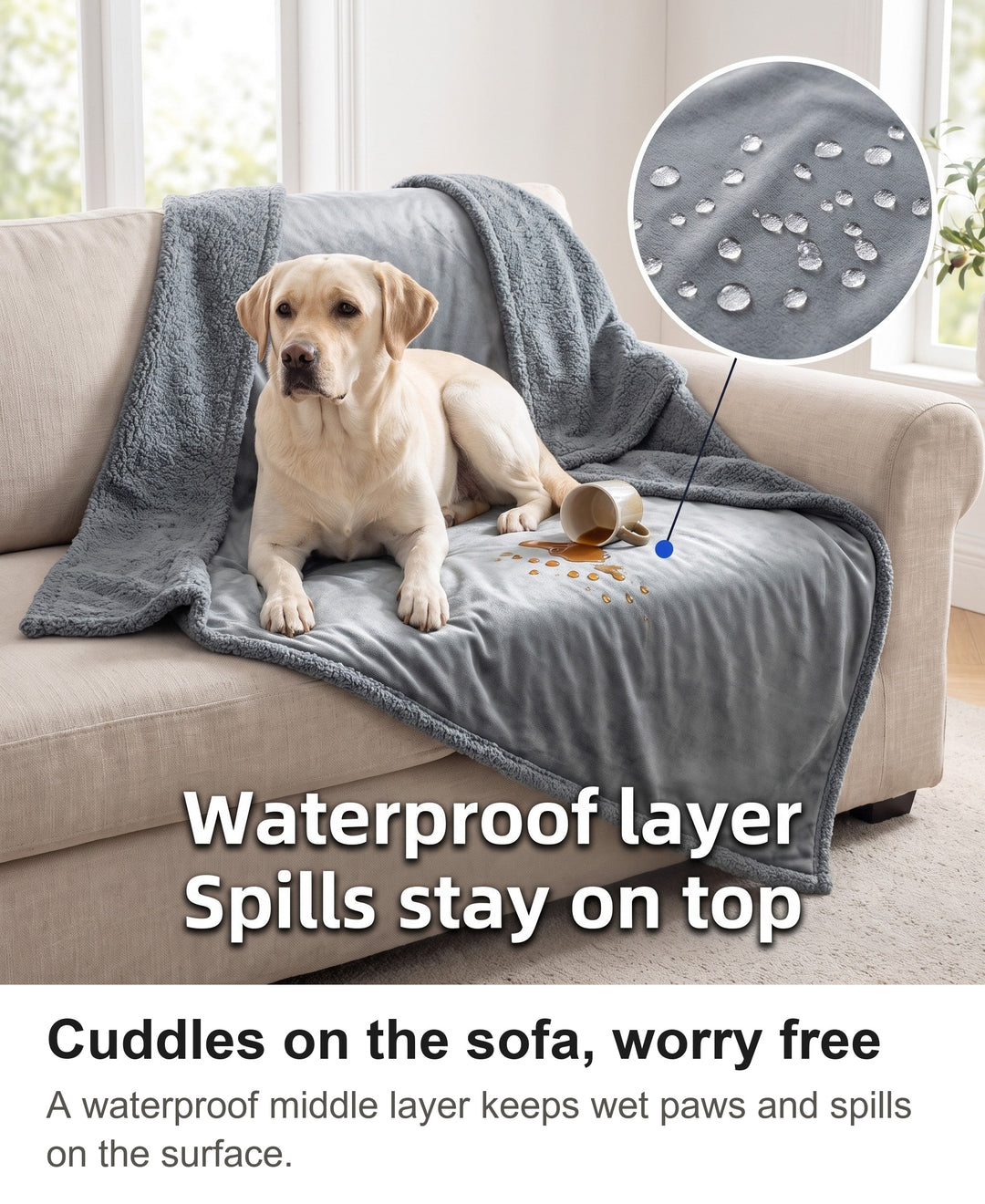 Yellow Labrador on a grey waterproof dog blanket on a sofa with tea beading on the surface