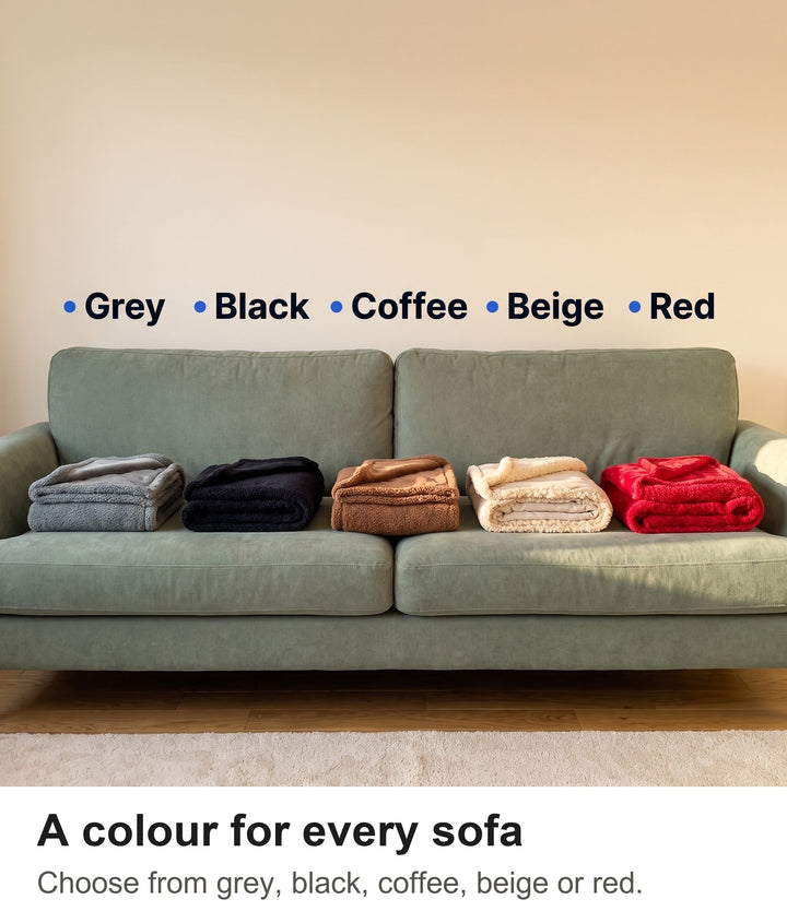 Waterproof sherpa dog blankets in grey, black, coffee, beige and red folded on a sofa