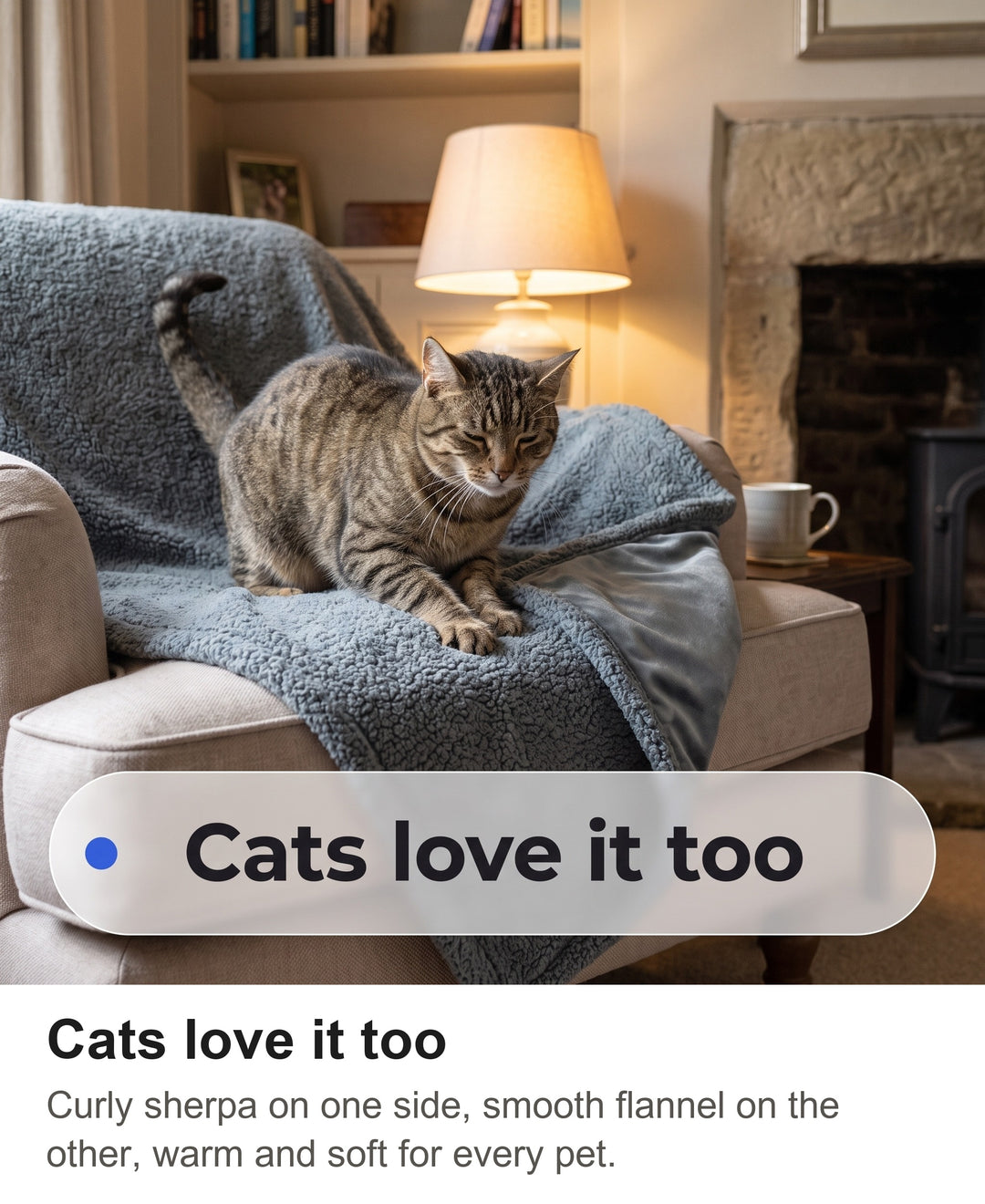 Tabby cat kneading the grey sherpa blanket on an armchair